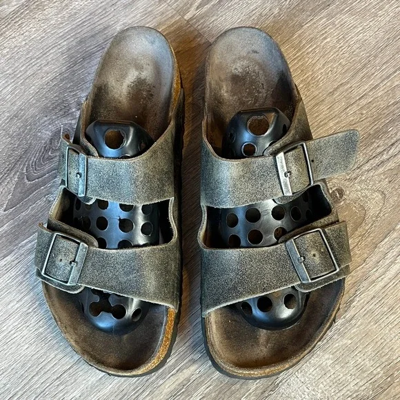 Birkenstock Arizona Slides Sandals Gray Oiled Distressed Leather Mens 10 EU‎ 43